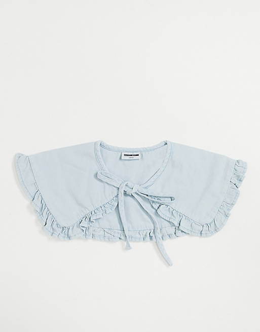 Noisy May denim frill detail tie collar in bleached blue