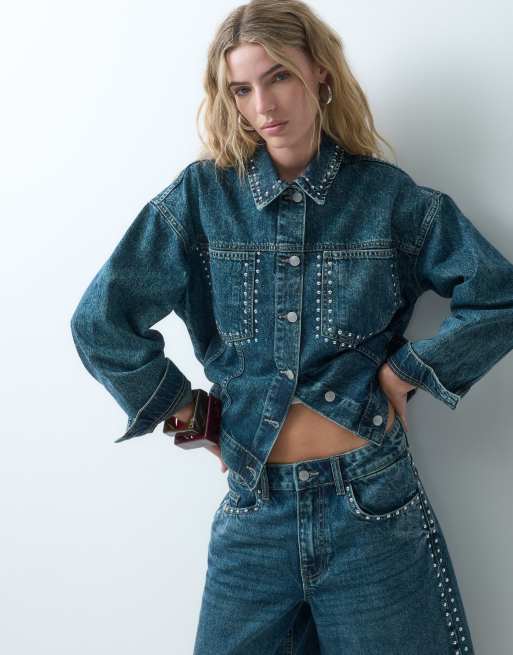 Noisy May denim jack met studs als co-ord set in donkere vintage wassing, 1 van 4