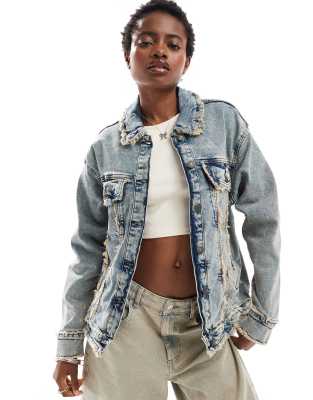 Noisy May Denim Jacket With Open Fray In Blue Acid Wash