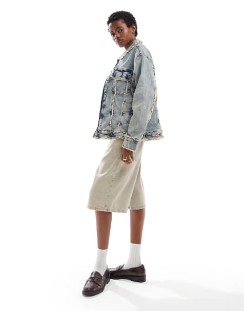 Noisy May denim jacket with open fray in blue acid wash  - view 1