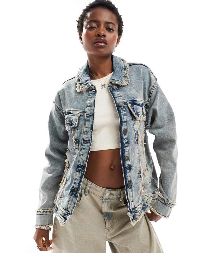 Noisy May - denim jacket with open fray in blue acid wash