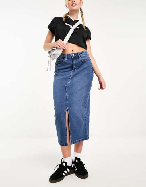 Women's Mid Blue High Waisted Split Front Denim Midi Skirt