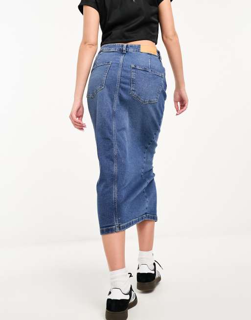 Noisy May denim midi skirt in mid blue, 2 of 4