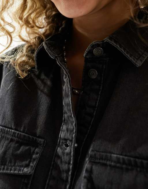 Noisy May - Denim mini jurk met opgerolde mouwen in zwart met wassing, 2 van 4