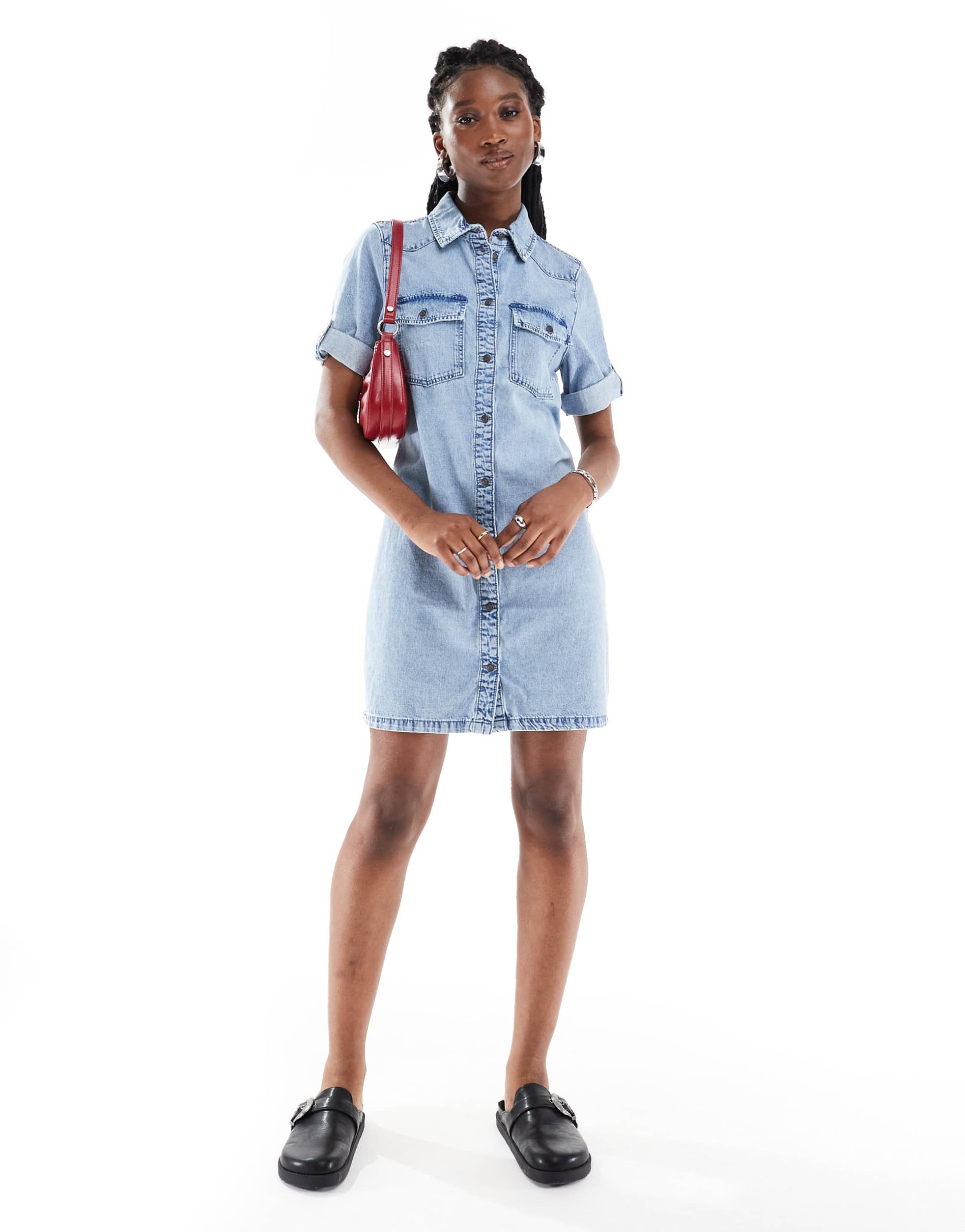 noisy may denim mini shirt dress in lightwash blue