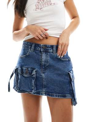 denim mini skirt with cargo detail in blue acid wash