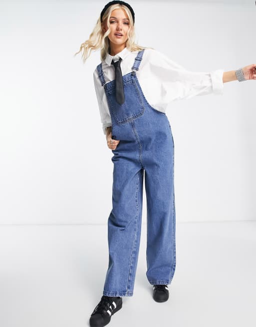 Washed Wide Leg Denim Dungarees