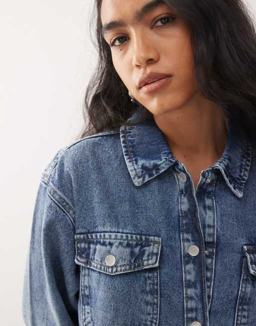 Noisy May - Denim overhemdjurk met lange mouwen in blauwe wassing, 3 van 4