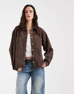 Noisy May Denim Shacket In Brown