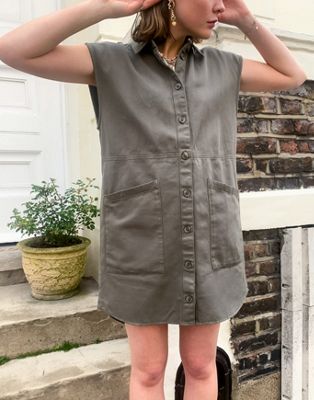 Noisy May sleeveless denim pocket detail mini shirt dress in khaki