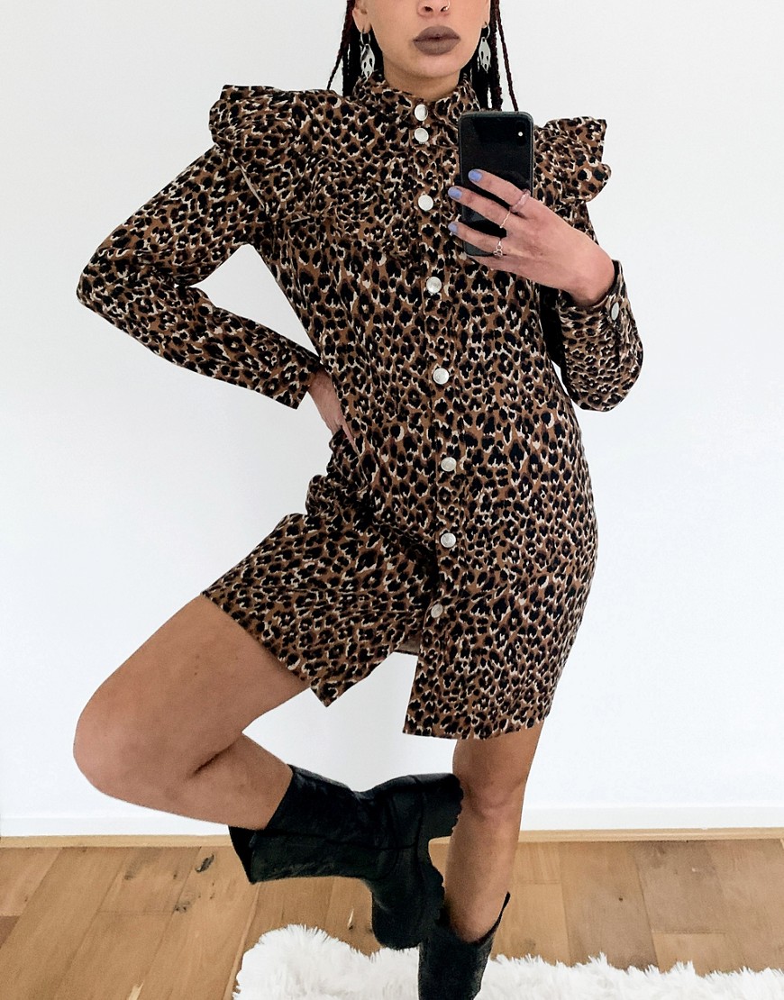 Noisy May denim shirt dress with ruffle bib detail in leopard-Multi