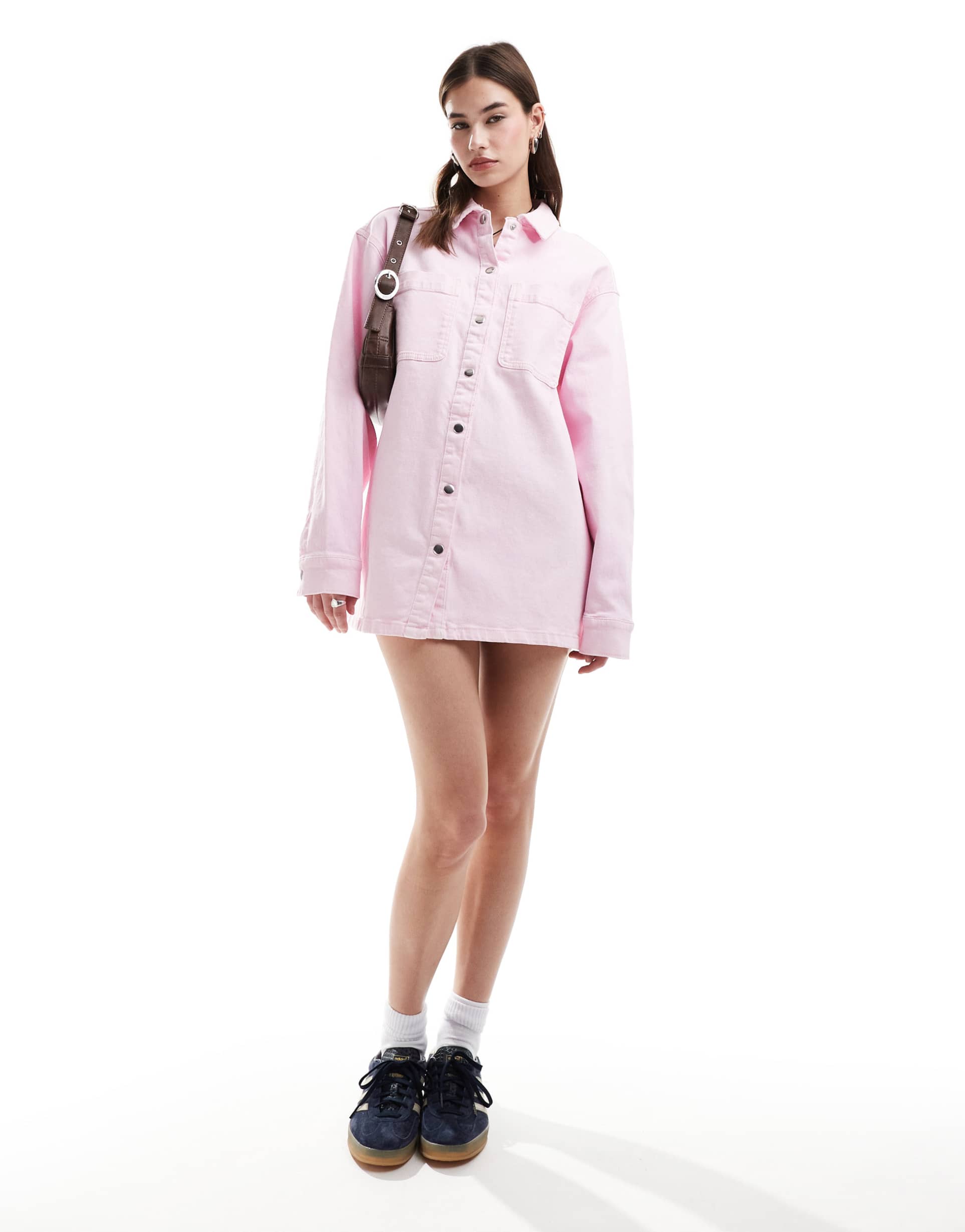 noisy may denim shirt mini dress in pink