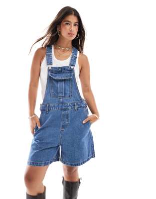 Noisy May Denim Short Overalls In Mid Wash-blue