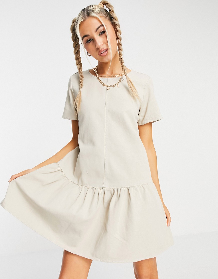Noisy May Denim Smock Dress With Drop Hem In Off White
