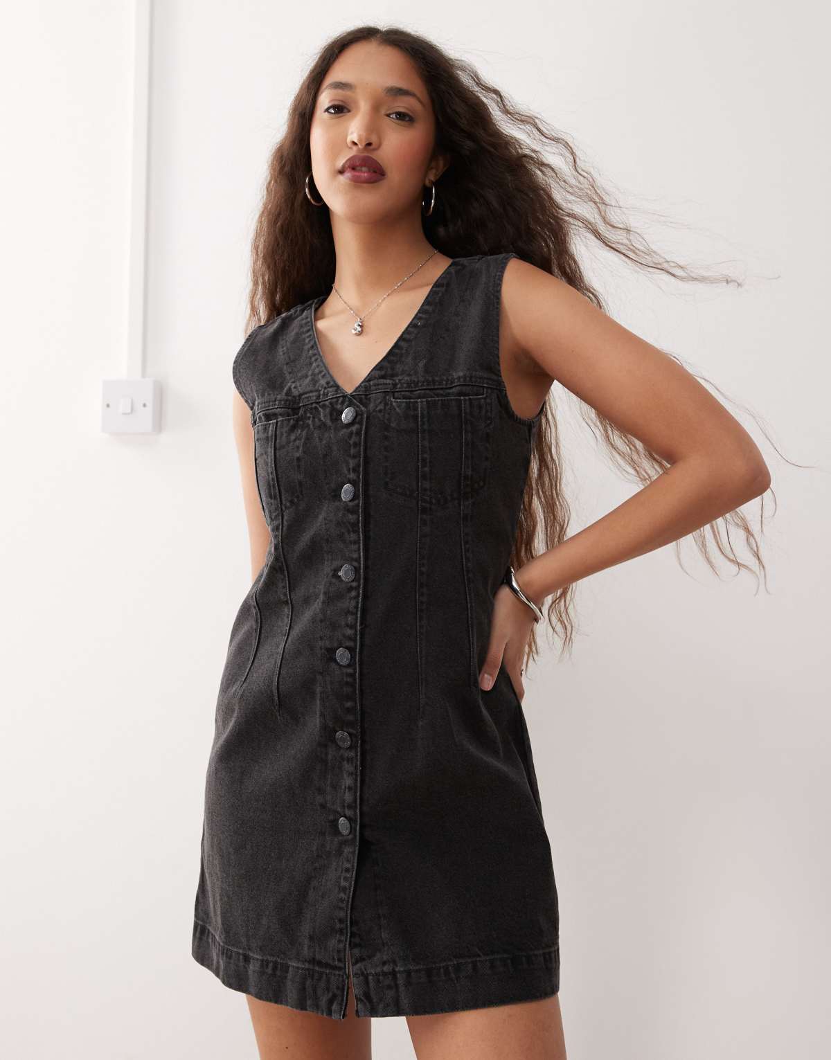 Noisy May denim waistcoat mini dress in washed black