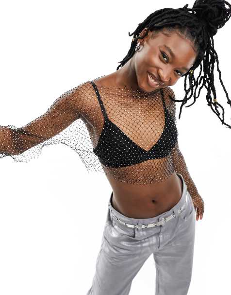 Noisy May diamante fishnet top in black - view 1