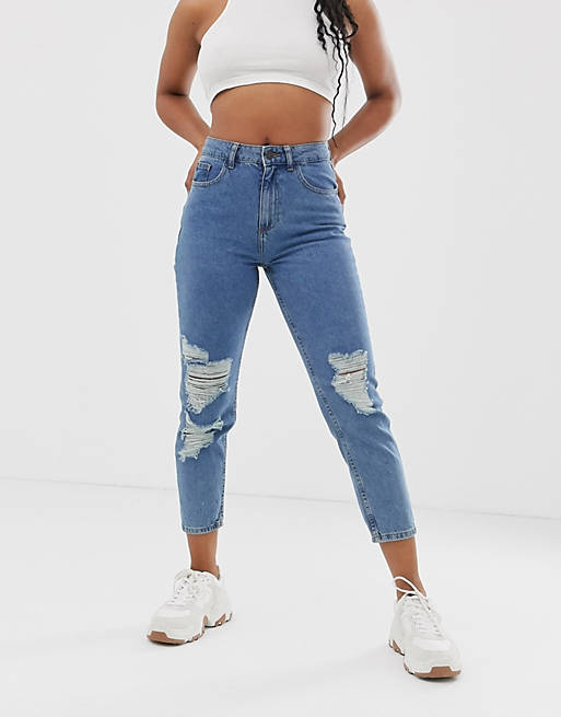 Noisy May - Distressed mom jeans in blauw