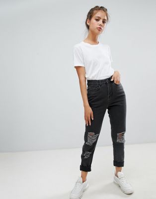 Noisy May - Distressed mom jeans in zwart