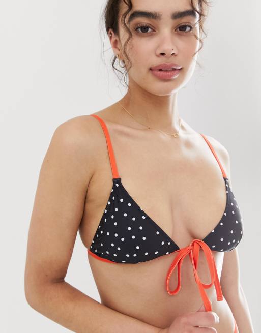 Noisy May dot print triangle bikini top with neon trim, 3 of 4