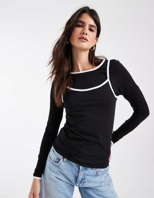 Noisy May Double Layer Long Sleeve Top With Contrast In Black