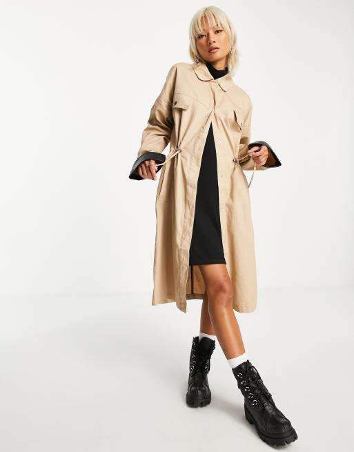 Noisy May drawstring waist midi trench coat in beige