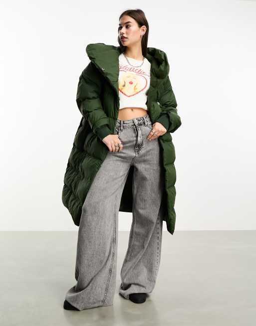 Noisy May - Droplets - Cappotto imbottito taglio lungo verde con cappuccio oversize