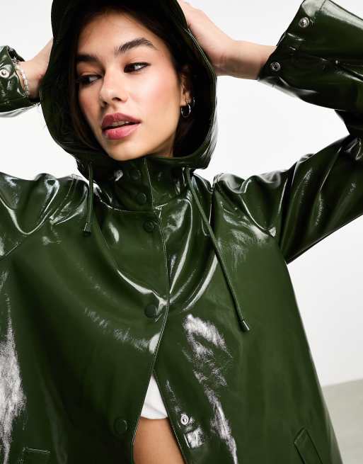 Noisy May Droplets waterproof vinyl rain jacket in green