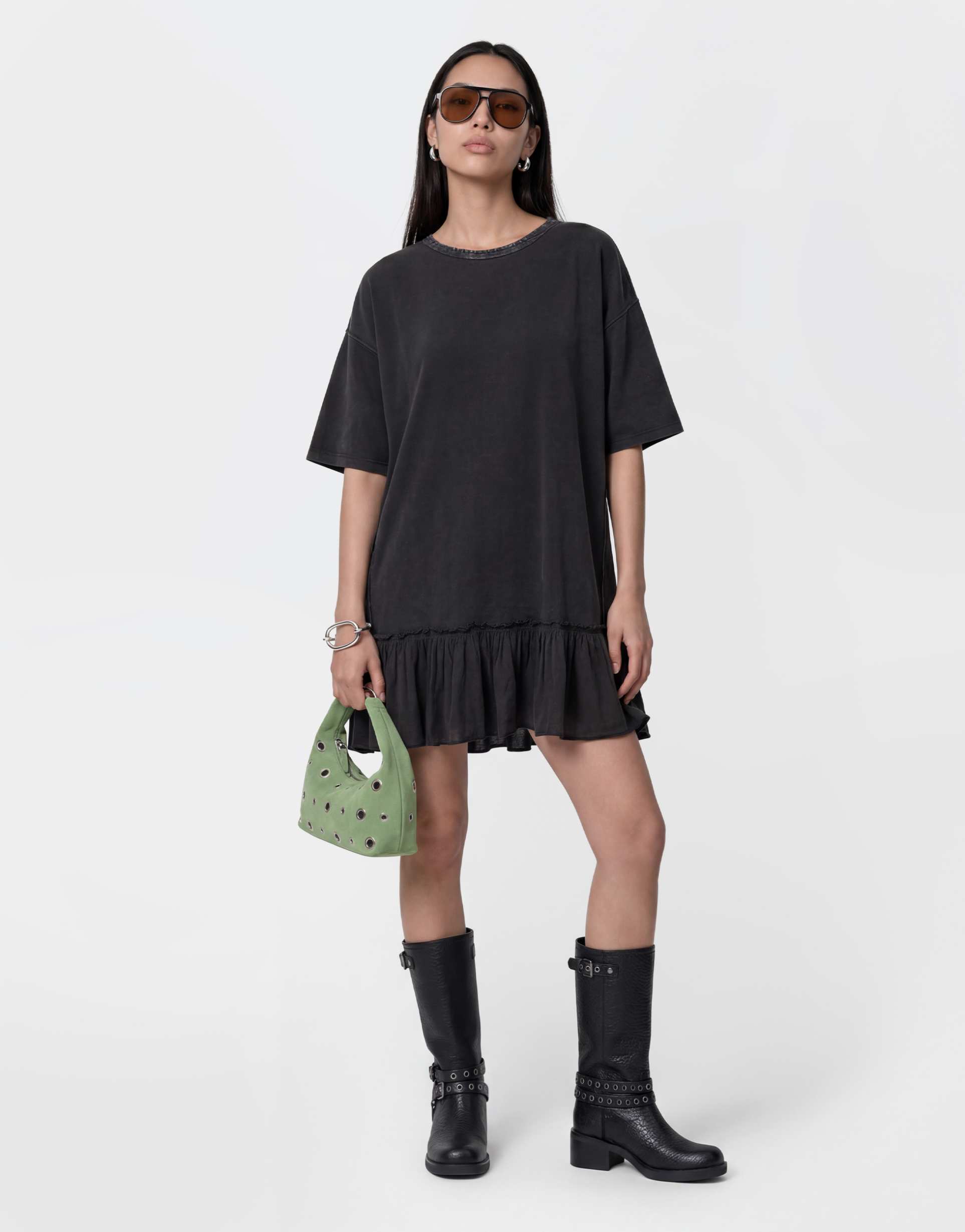 noisy may dropped hem t-shirt dress with seam detailing in washed black