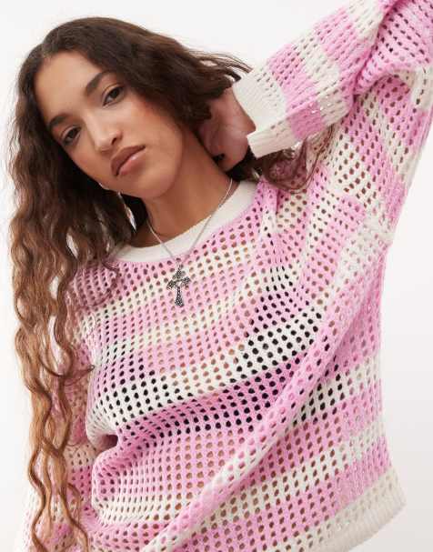 Noisy May open knit jumper in pink stripe
