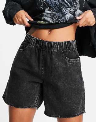 Noisy May Elastic Waist Denim Shorts In Black In Black
