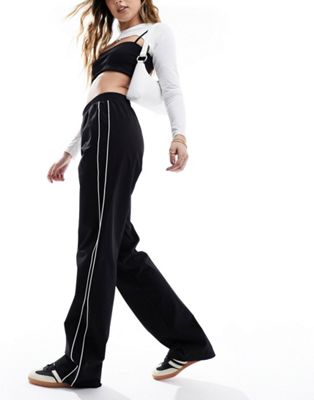 Noisy May Elasticized Waist Pants In Black With White Stripe