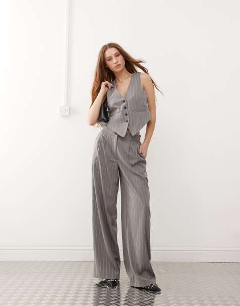Noisy May - Elegante broek met wijde pijpen in grijs met krijtstreep, deel van co-ord set - view 1