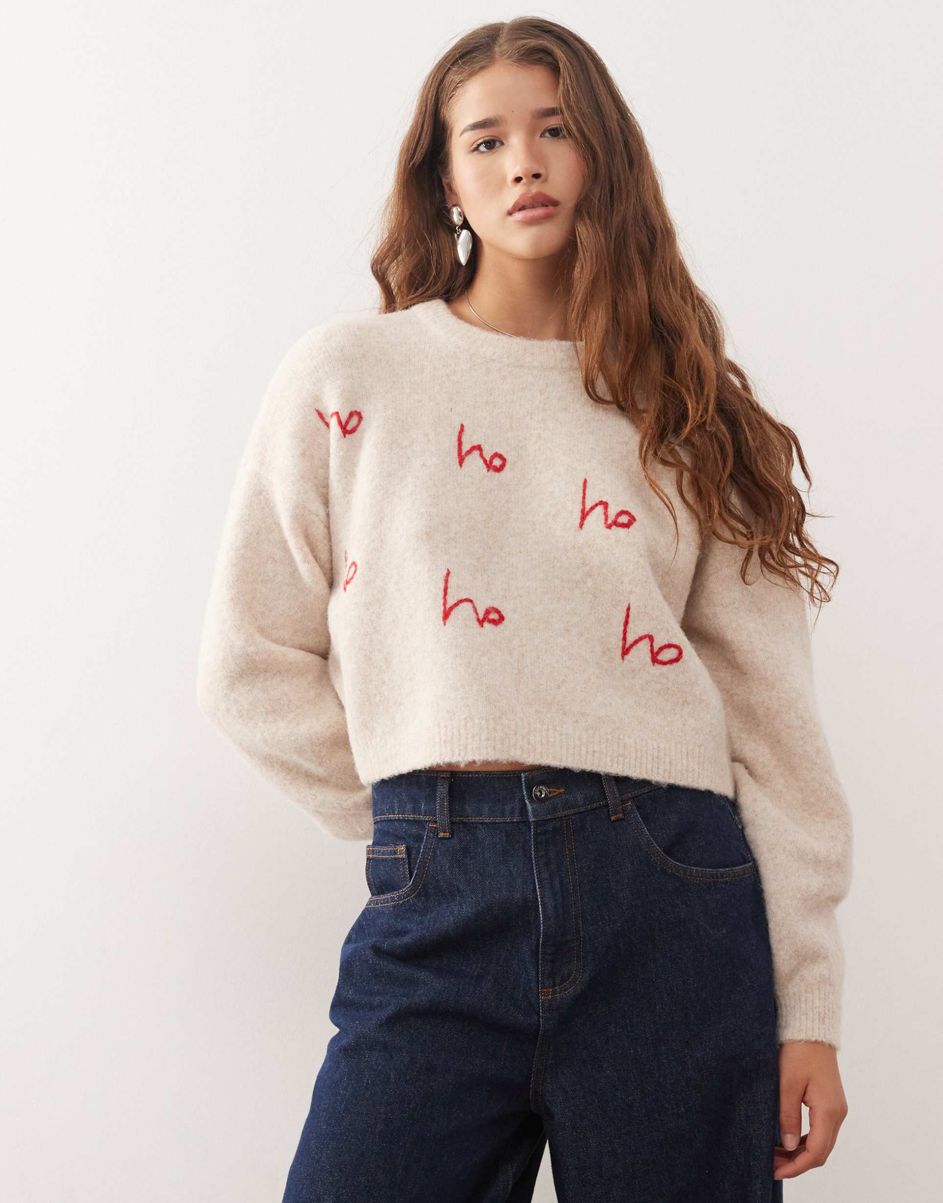 noisy may embroidered christmas sweater in beige
