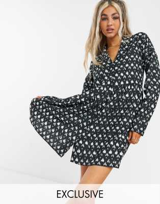 Noisy May exclusive bowling shirt dress in black graphic print-Multi