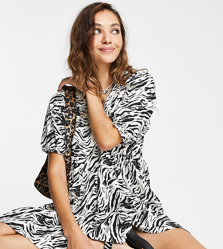 Noisy May exclusive button through smock mini dress in zebra print-Multi