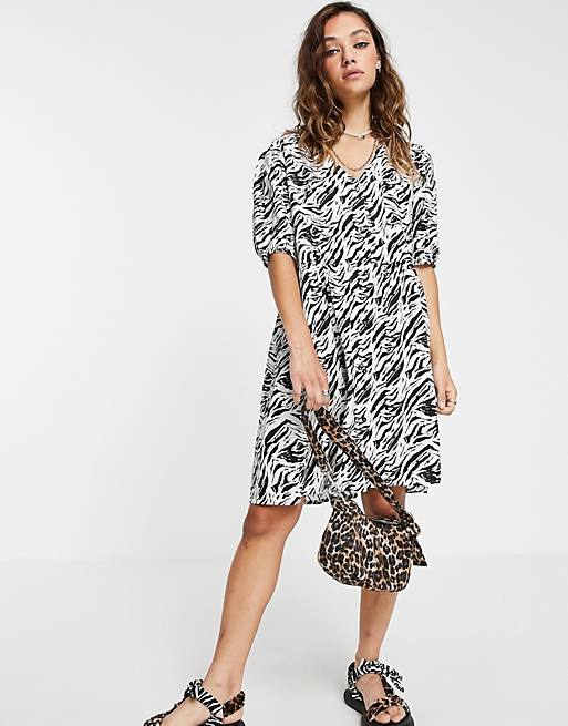 Women Noisy May exclusive button through smock mini dress in zebra print 
