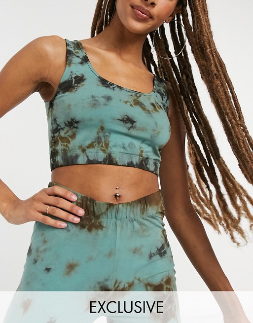Noisy May exclusive crop top co-ord in green and black tie dye
