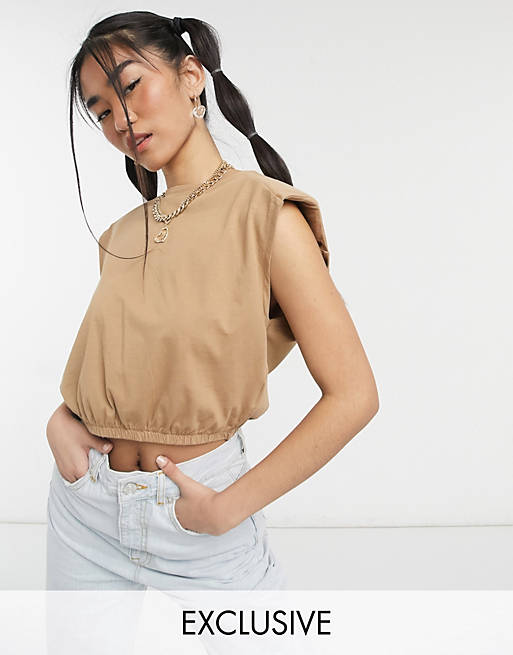 Noisy May exclusive crop top with padded shoulders in camel