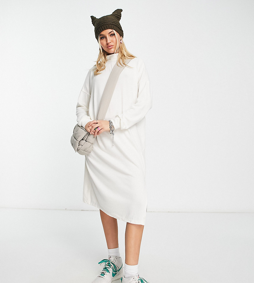 Noisy May Exclusive High Neck Midi Sweater Dress With Side Slit In Cream-white