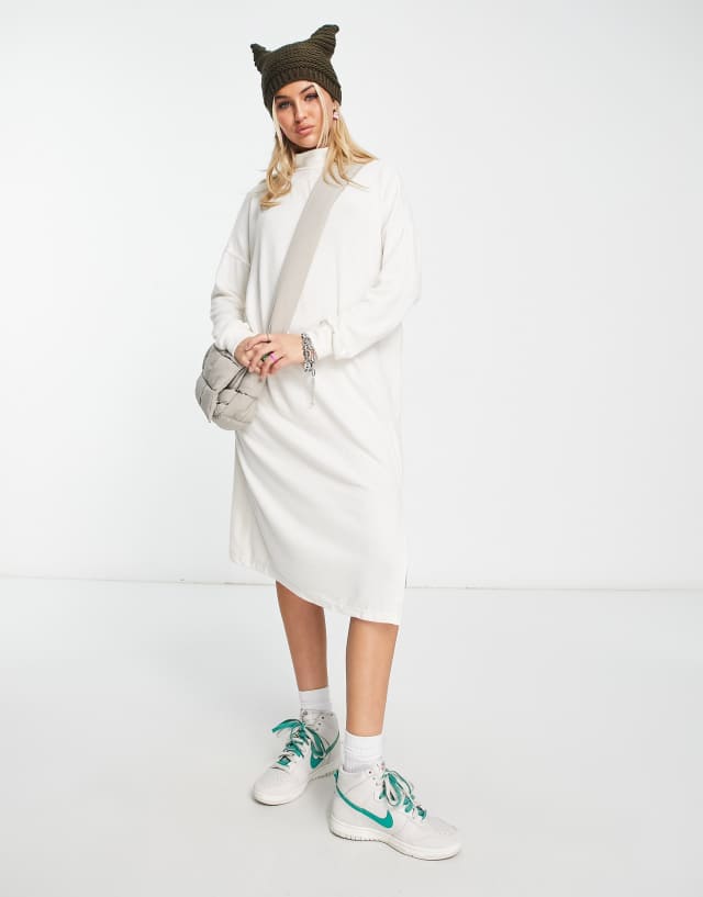 Noisy May exclusive high neck midi sweater dress with side slit in cream