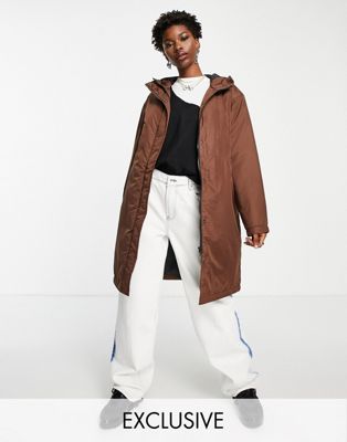 Noisy May exclusive hooded longline padded coat in chocolate brown - ASOS Price Checker