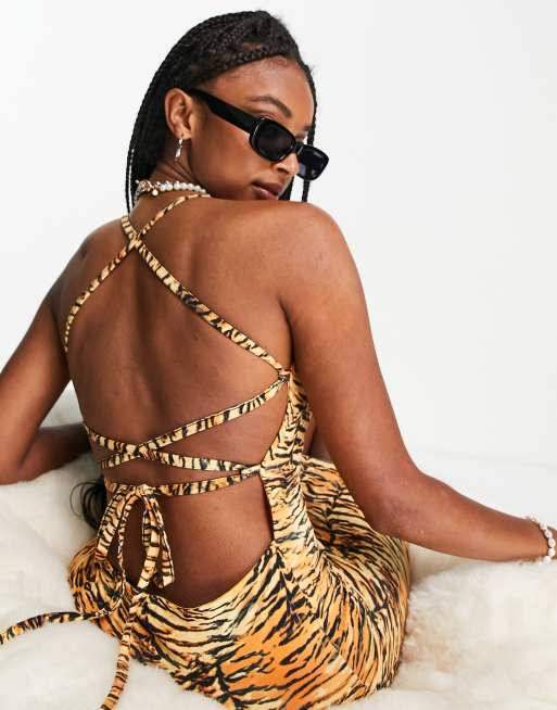 Noisy May exclusive lace up back mini bodycon dress in animal print | ASOS