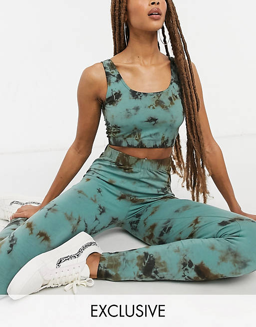 Noisy May exclusive legging co-ord in green and black tie dye