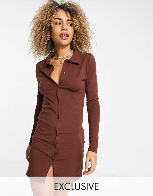 brown ruched button up dress Noisy May exclusive mini ruched shirt dress in brown