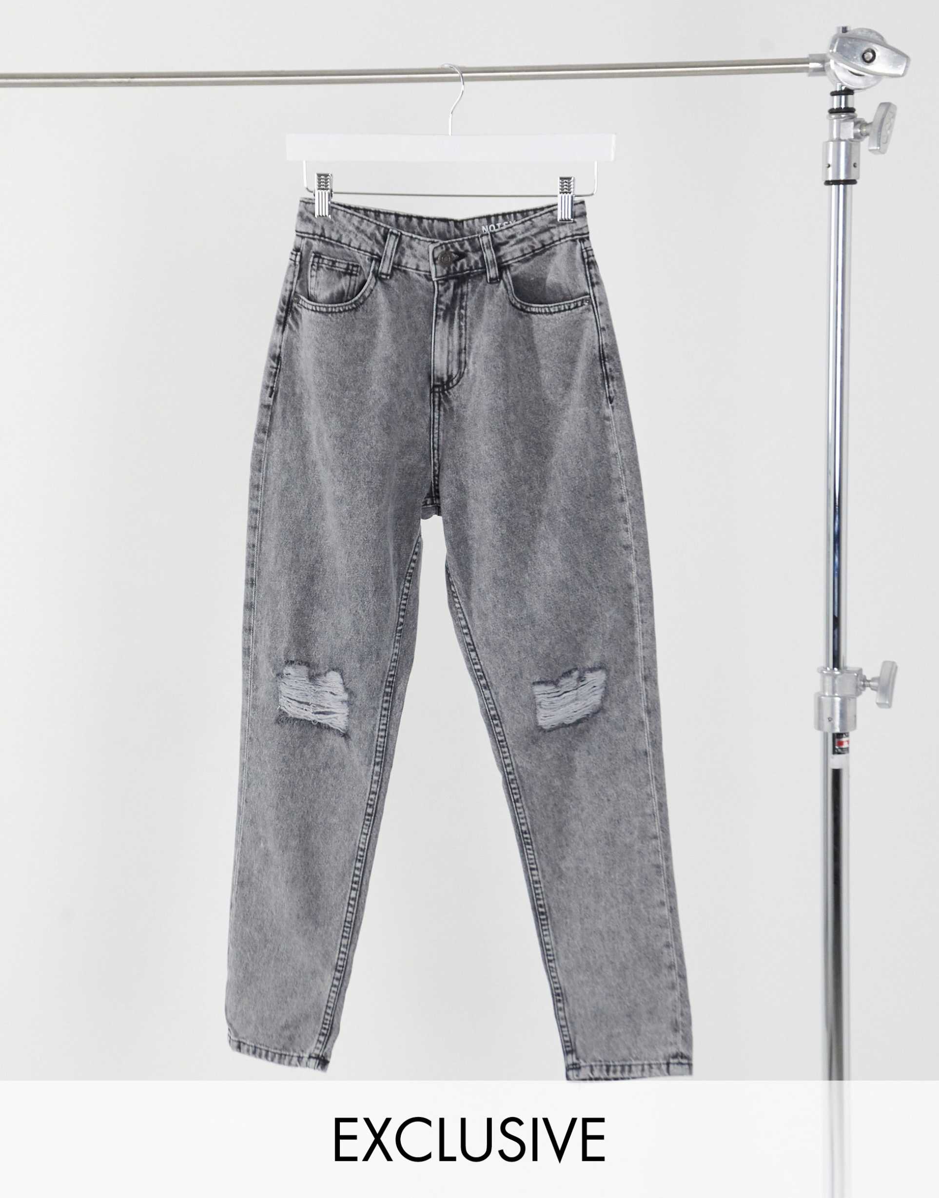 noisy may exclusive mom jeans with high waist and destroyed knees in light gray denim