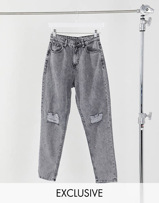 Noisy May exclusive mom jeans with high waist and destroyed knees in light grey denim