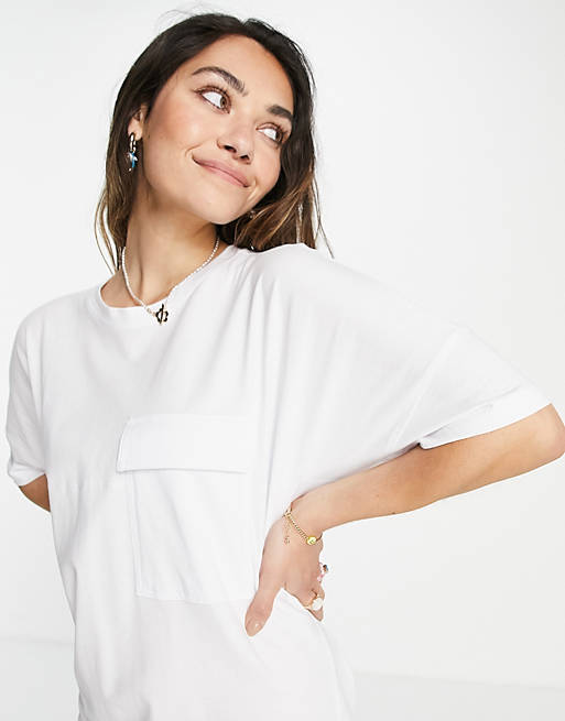 Women Noisy May exclusive organic cotton midi t-shirt dress with pocket detail in white 