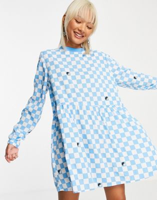 Noisy May exclusive oversized smock dress in blue checkerboard