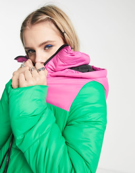 Noisy May exclusive padded jacket with hood in bright pink and green