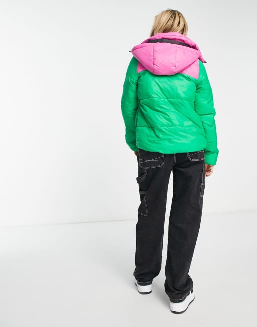 Noisy May exclusive padded jacket with hood in bright pink and green